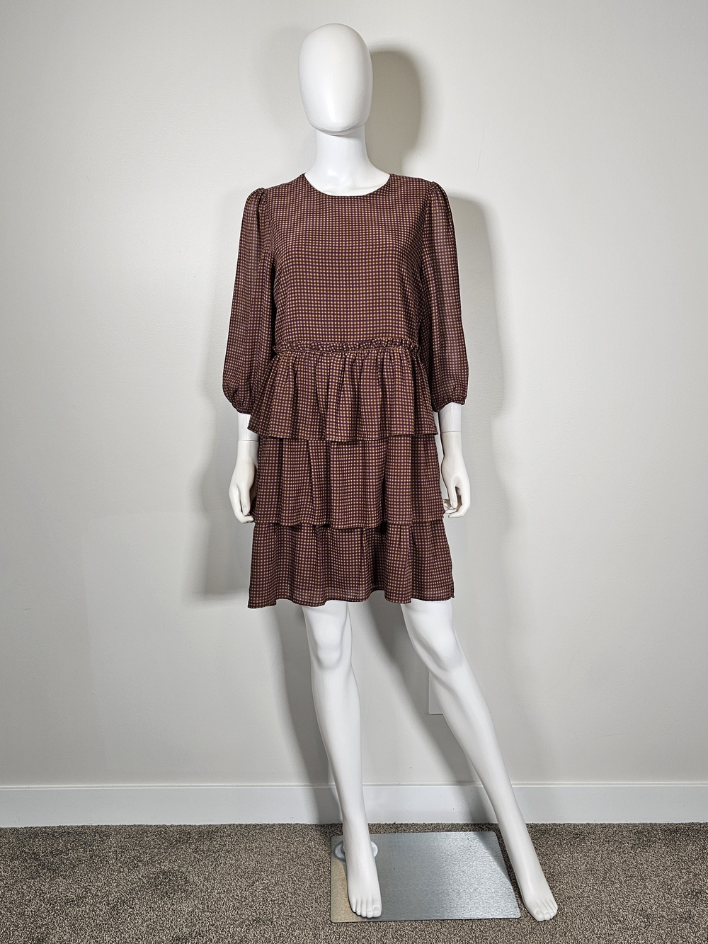 Aware by Vero Moda Brown Check Tiered Mini Dress with Puff Sleeves Sz M